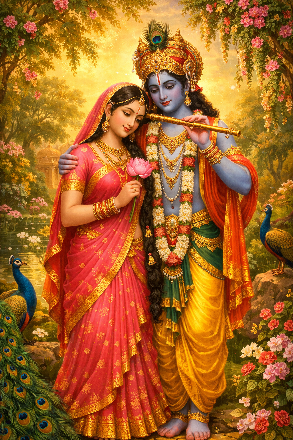 Lord Krishna and Radha standing together in a beautiful Vrindavan garden with peacocks and flowering vines — Radha Krishna HD wallpaper